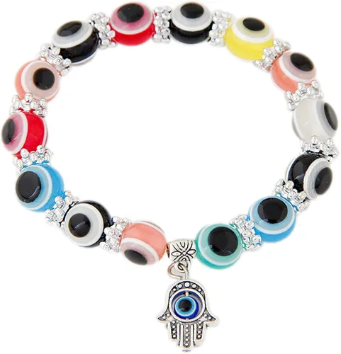 Vista 5 de Juego de pulseras elásticas de cuentas de cristal turco contra el mal de ojo, amuleto de protección de hebras de cristal, amuleto de Fátima Hamsa