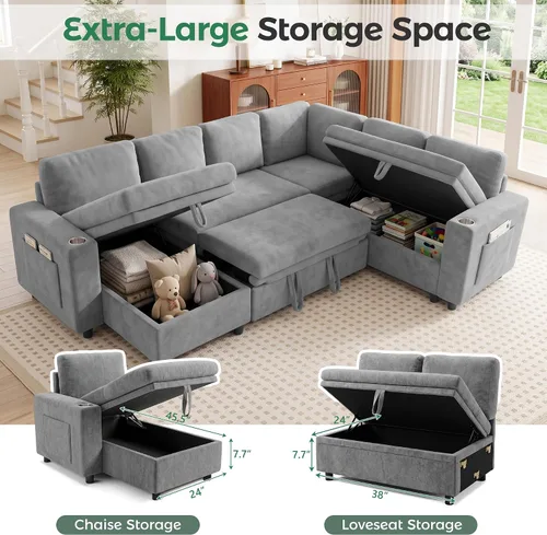 Vista 5 de Sofá cama seccional en forma de L con cama extraíble, 7 asientos Gris