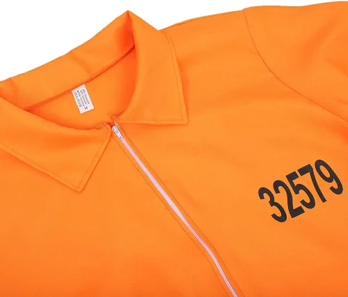Vista 4 de Grebrafan Disfraz de prisionero para hombre, overol de Halloween para adultos de prisión naranja