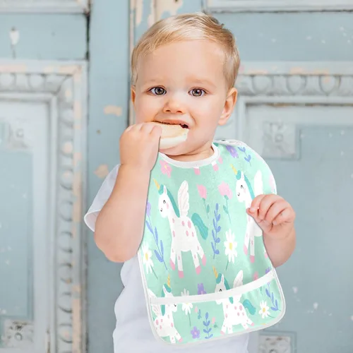 Vista 6 de Adjustable Muslin Baby Bibs with Snap 2 Pack Baby Spit Throw Up Cute Unicorns Light Green baberos para nino paquete