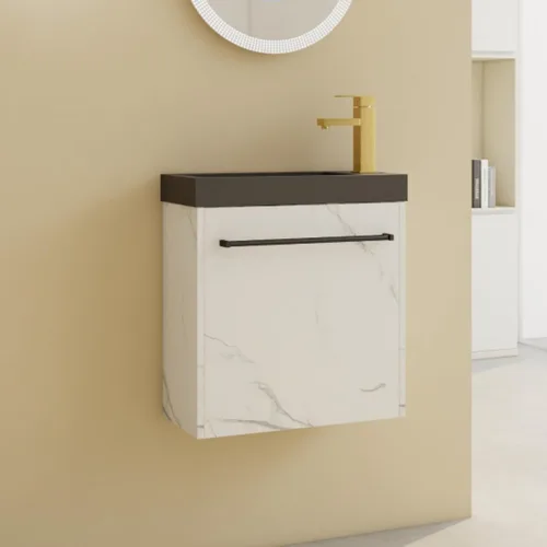 Vista 9 de Tocador de baño flotante de 12 pulgadas con fregadero, tocador de pared de 12 pulgadas, tocador de esquina, con 1 puerta y lavabo de cerámica