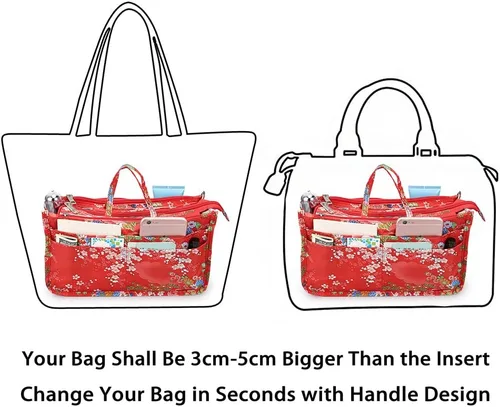 Vista 4 de BTSKY Organizador de bolsas de impresión dentro del bolso, organizador de bolsa de alta capacidad con 13 bolsillos con asa (flor festiva)