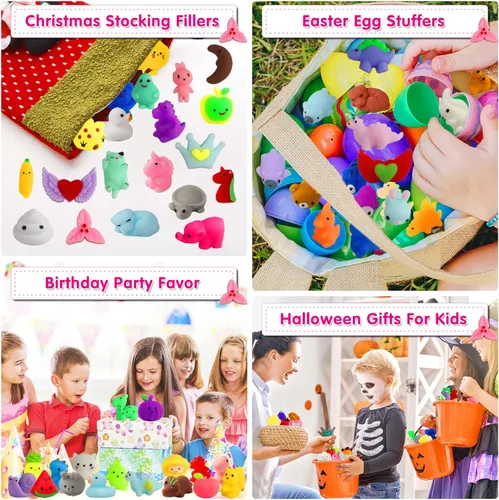 Vista 4 de 100 piezas de juguetes esponjosos Kawaii para niños de 4-8-12 años, juguetes esponjosos Mochi para niños, juguetes para caja del tesoro para premios