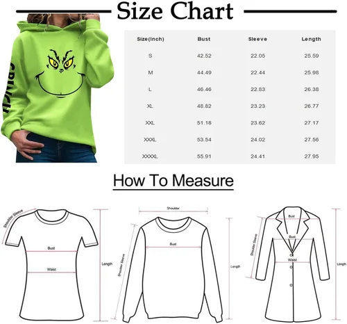Vista 2 de Sweatshirt for Women Green Hoodies Sweaters Long Sleeve Shirts Merry Christmas Printed Pullover Blouse