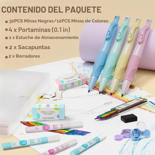 Vista 5 de Four Candies Portaminas Mecánicos de 2.0MM con Agarre Ergonómico Cómodo, 4 Lápices Mecánicos Lindos con 44 Repuestos de Mina, 2