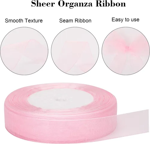 Vista 3 de Joycraft - Cinta de organza transparente rosa de 3/4 pulgadas, cinta de gasa de 50 yardas, cinta de tul para ramo de flores, cintas de envoltura