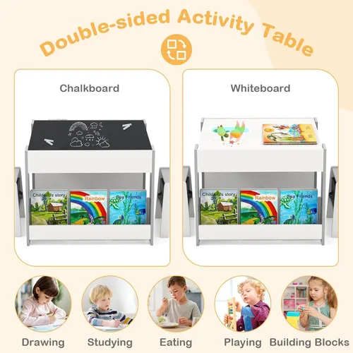 Vista 3 de HONEY JOY Mesa y sillas para niños, juego de actividades de madera 4 en 1 para niños con libreros dobles, almacenamiento, tablero desmontable