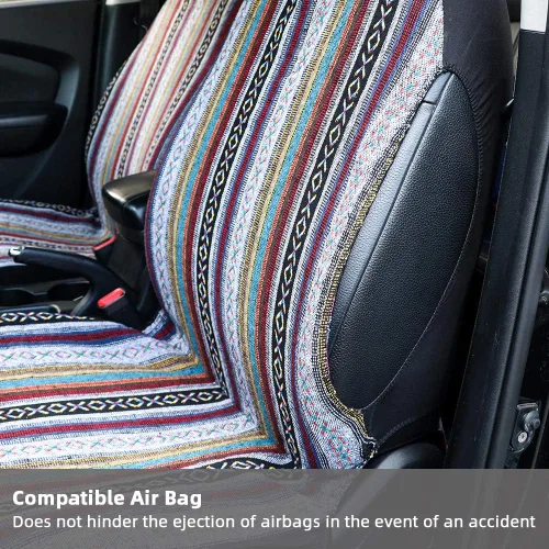 Vista 4 de Funda de Asiento de Coche Manta Baja Saddle 4PCS Delantera a Rayas Multicolor, Funda de Asiento Hippie Boho de Ajuste Universal para Toyota, Honda