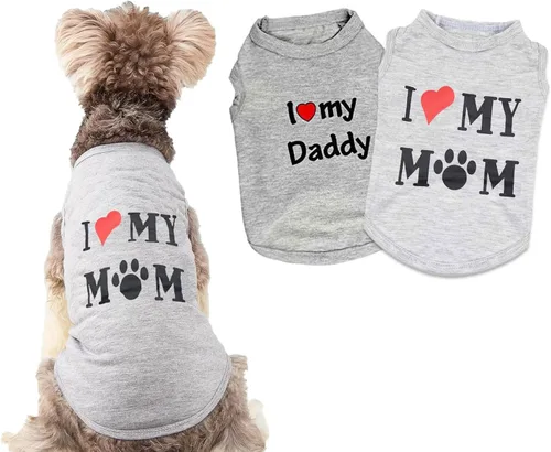 Vista 7 de Paquete de 2 camisetas para cachorros, ropa para perros pequeños con texto en inglés "I Love My Daddy Momm", talla XS gris Mix