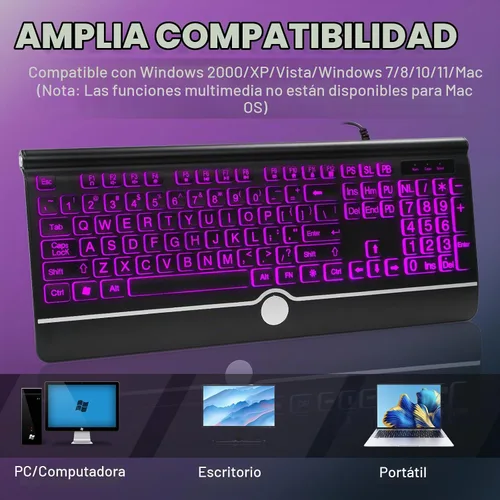 Vista 8 de Teclado de computadora retroiluminado de letras grandes, teclado retroiluminado de 7 colores con reposamuñecas, USB Plug-and-Play, teclas de letras