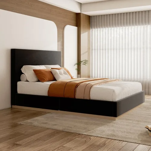 Vista 8 de Base de cama de plataforma tamaño Queen con cabecero, cama de terciopelo con listones de madera, base de colchón resistente, opción de somier, sin