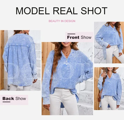 Vista 4 de Dokotoo Camisas de manga larga con cuello en V y botones para mujer, blusas lisas de gran