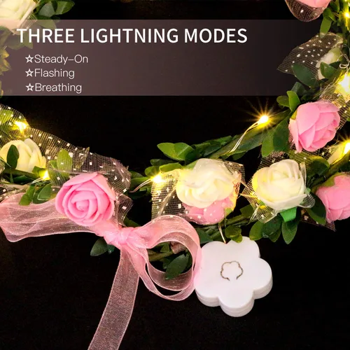 Vista 4 de Novelty Place Paquete de 4 diademas de flores iluminadas, corona de cabeza floral LED para bodas, festivales y fiestas, 4 piezas
