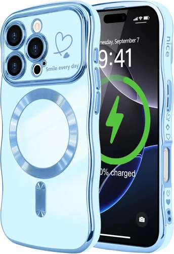 Vista 66 de LCHULLE - Funda magnética para iPhone 13 para mujeres y niñas, con forma ondulada, color azul bebé [Compatible with MagSafe] Cute Curly Wave, Love