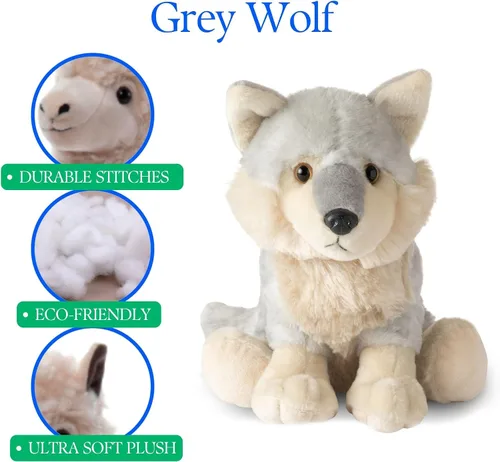 Vista 8 de The Petting Zoo Peluche de lobo, regalos para niños, animales salvajes del zoológico Onez, juguete de peluche de lobo gris de 12 pulgadas