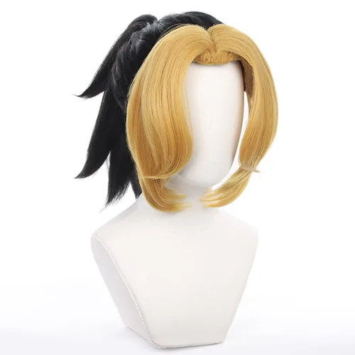 Vista 3 de maysuwell Makio - Peluca de anime Demon Slayer Cosplay peluca naranja y negro pelo corto para Halloween, carnaval, fiesta de disfraces con gorra