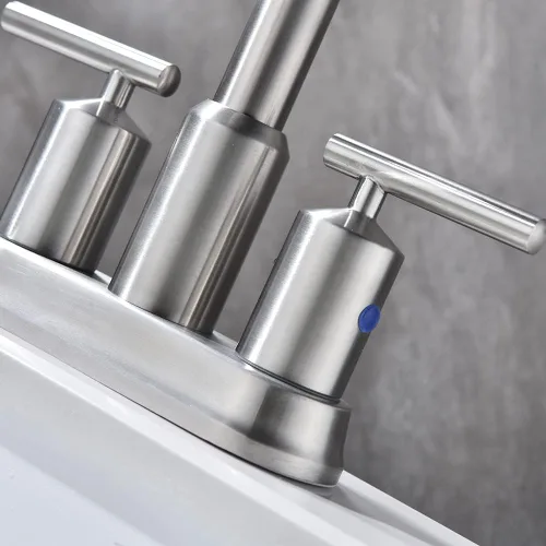 Vista 5 de Grifo de baño de níquel cepillado de 4 pulgadas y 2 manijas para fregadero de 3 agujeros, grifo de fregadero de baño central con ensamblaje