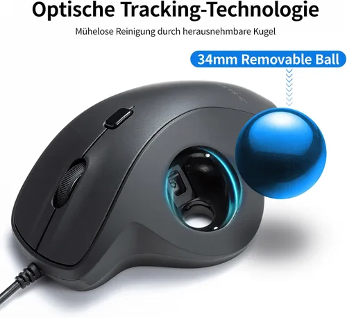 Vista 5 de SANWA Ratón de Trackball con cable, botones silenciosos y programables, bola ergonómica para reducir la tensión de la muñeca, control del pulgar