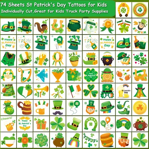 Vista 2 de CHARLENT Tatuajes temporales del día de San Patricio para suministros de fiesta de niños, 74 hojas individuales, tatuajes del día de San Patricio