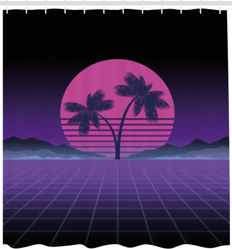 Vista 2 de Ambesonne Synthwave Shower Curtain, Retro Artwork Design of Striped Pinkish Moon Exotic Palms and Mountains, Cloth Fabric Bathroom Decor Set with