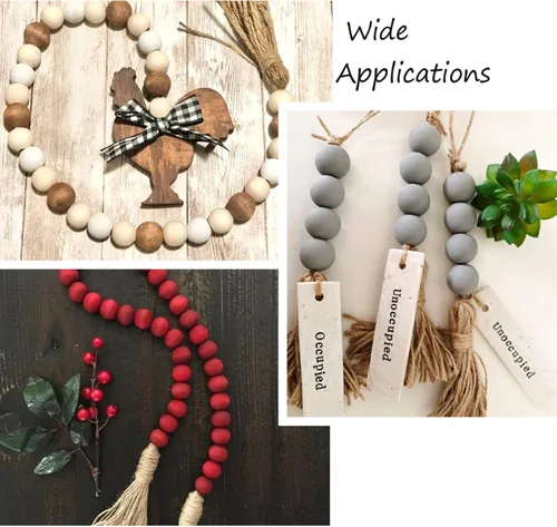 Vista 7 de 120 cuentas redondas de madera natural con cinta de poliéster de yute, decoración de bolas de madera, cuentas de madera rústicas de granja