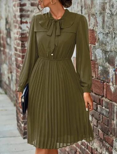 Vista 4 de HAOKEKE Vestidos de trabajo para mujer 2023 de manga larga de gasa negro vestido retro plisado botones abajo corbata lazo suelto vestidos casuales