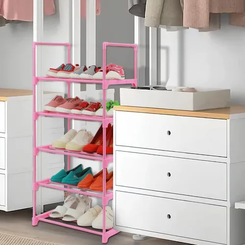 Vista 7 de LNYZQUS Organizador de zapatos pequeños de 5 niveles para niños, estante de zapatos rosa para armario, espacio estrecho, mini estante