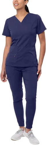 Vista 16 de Adar Pro Scrubs for Women Set - V-Neck & Jogger Cargo Pants, 7 Pockets Blanco