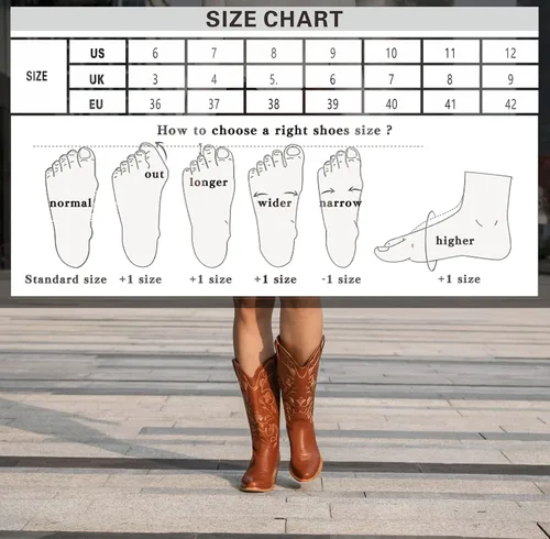 Vista 7 de GOSERCE Botas vaqueras para mujer, botas vaqueras a media pantorrilla, bordado floral, punta puntiaguda, tacón grueso, 2.5 pulgadas, de moda