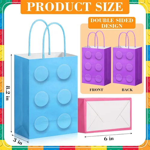 Vista 3 de PerKoop 24 bolsas de bloques de construcción, bolsas de papel para dulces de ladrillos, bolsas de regalo de fiesta con asa para niñas, bloques
