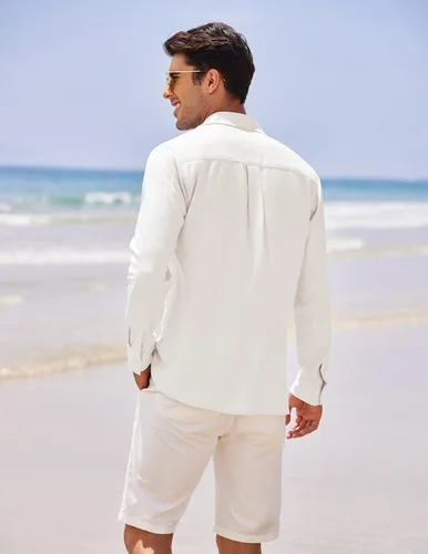 Vista 3 de COOFANDY Mens Linen Shirt Casual Cuban Guayabera Long Sleeve Button Down Beach Shirts