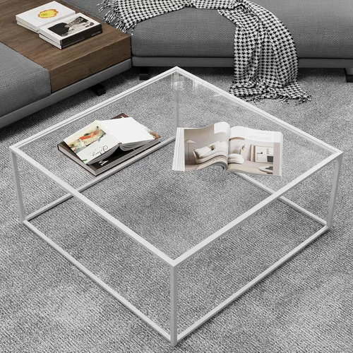 Vista 10 de Mesa de café de vidrio moderna, mesa central minimalista, mesa de café para sofá y bandeja lateral para té para sala de estar, parte superior
