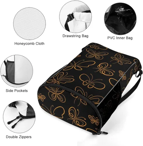 Vista 5 de MZERSE Women Fashion Drawstring Backpack Gym Bags with Zipper Pockets, Multifunction Drawstring Bag Compatible with Butterfly Set Pattern Gold On