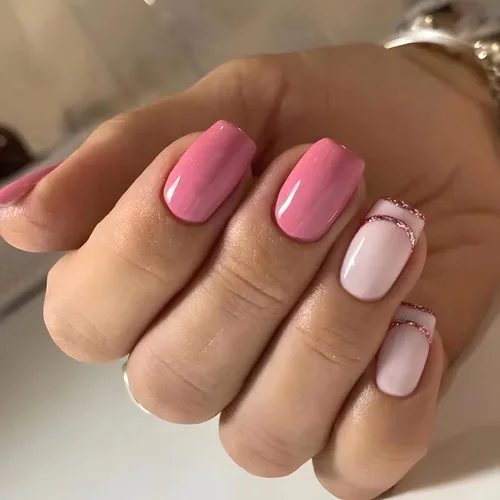 Vista 13 de Uñas postizas a presión de almendra, color rosa degradado medio, con bonito diseño de conejo y gato, uñas postizas de estrella plateada, uñas