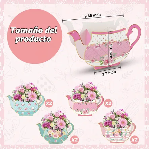 Vista 6 de 8 piezas de decoración de fiesta de té, cajas de centro de mesa de tetera floral para fiesta de cumpleaños de princesa, decoración de mesa temática