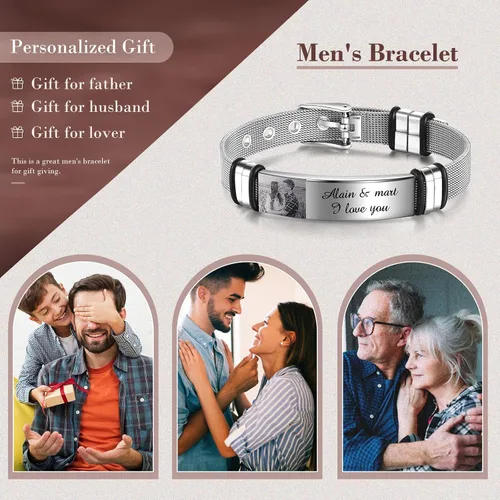 Vista 6 de Pulseras personalizadas para hombres, pulseras de acero inoxidable grabadas con foto y texto, regalos de joyería personalizados para novio, padre