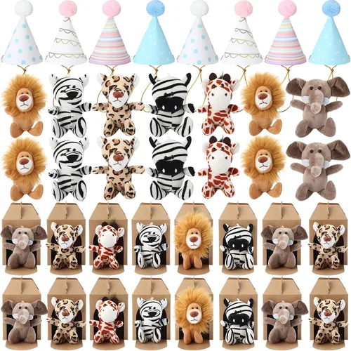 Vista 12 de Juego de 20 Mini Juguetes de Peluche Animales de Peluche Perros con Sombreros de Cumpleaños Cajas de Papel Kraft Cachorros de Peluche Pequeños