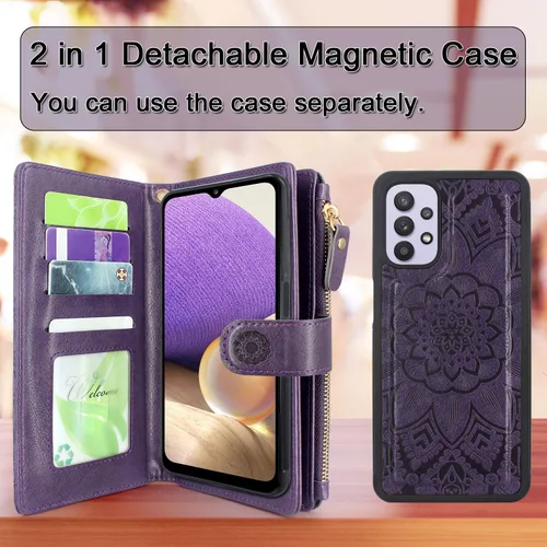 Vista 3 de Harryshell Funda de cuero desmontable con cremallera magnética con bolsillo para monedas, 12 ranuras para tarjetas, correa de muñeca para Samsung