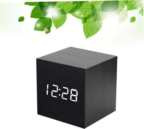 Vista 6 de Holibanna Batería LED de madera reloj de escritorio puertos de carga pequeño digital para oficina en casa