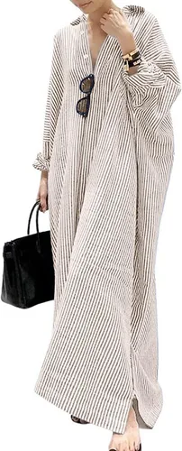 Vista 9 de Utcoco Vestido de manga larga a rayas para mujer, casual, suelto, con botones, de algodón, maxi, tipo camisa Negro