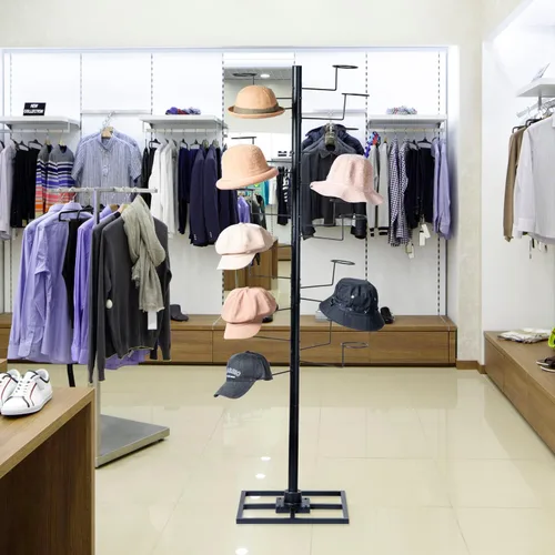 Vista 3 de MyGift Moderno organizador independiente para sombreros, soporte de exhibición de sombrero de vaquero giratorio de 360 grados con 20 ganchos Negro