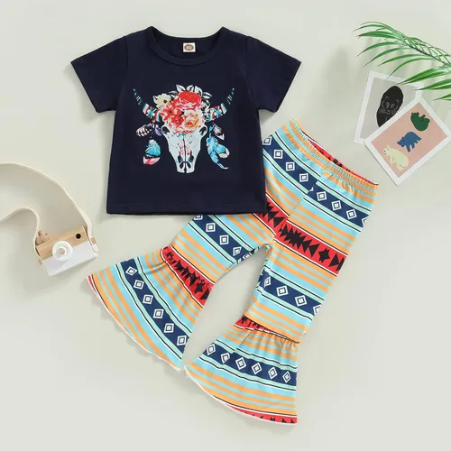 Vista 2 de fhutpw Conjunto de camiseta de manga corta con estampado de vaca y pantalones acampanados de dibujos animados para niñas