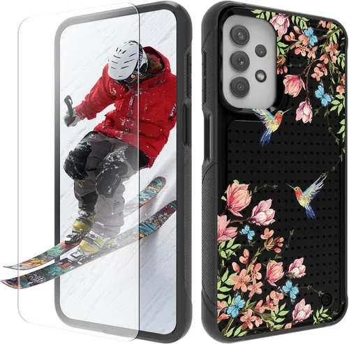 Vista 11 de Funda para Samsung Galaxy A13/A04/A04S/A23/A32 5G con protector de pantalla, parte trasera texturizada de policarbonato duro, diseño de flores