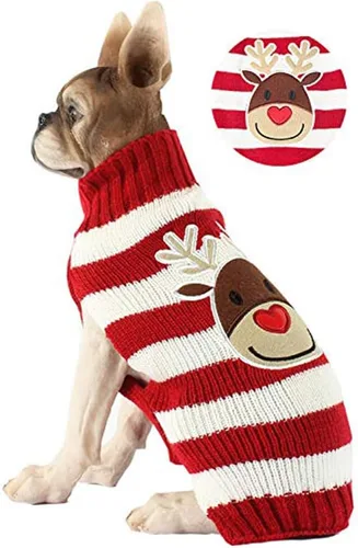 Vista 12 de Suéter festivo para mascota con diseño de reno Suéter para perro navideño Prendas tejidas cálidas para invierno par a mascotas, m Reno de dibujos