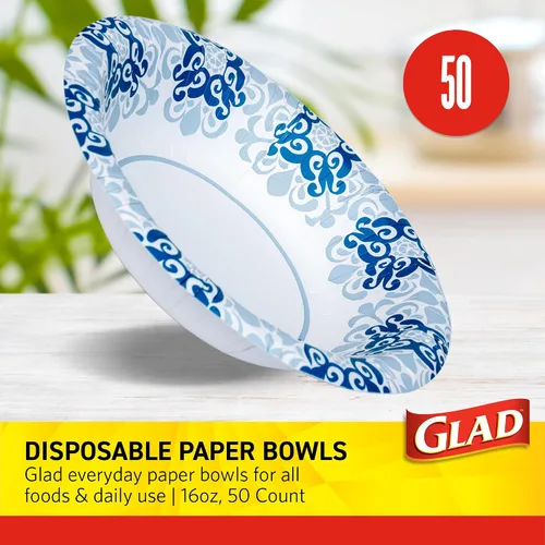 Vista 2 de Glad Cuencos redondos de papel desechables, diseño victoriano azul, resistentes, a prueba de remojo, resistentes a cortes, cuencos de papel