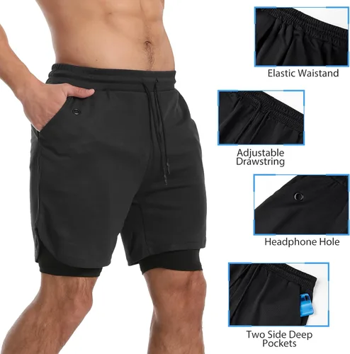 Vista 3 de FLYEVEA Pantalones cortos de entrenamiento 2 en 1 para hombre, atlÃ©ticos, yoga, gimnasio, 7 pulgadas, ropa corta con bolsillos laterales