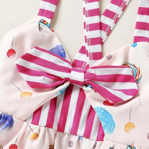 Vista 4 de Falda de verano para niñas pequeñas, vestido sin espalda con tirantes y estampado de helado