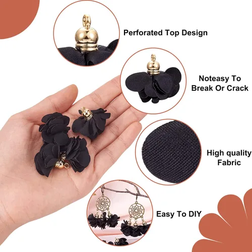 Vista 3 de Cheriswelry 50 colgantes de tela de tela de flores de tela negra con pétalos florales con tapa dorada en forma de campana para manualidades, aretes