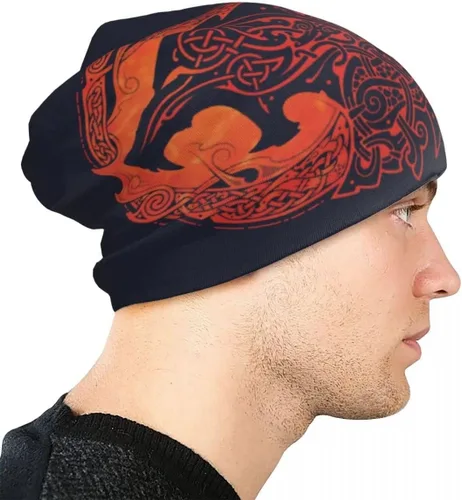 Vista 2 de Gorro de lobo vikingo con diseño de lobo nórdico de fenrir nórdico impreso, cálido, holgado, unisex, para pareja