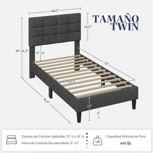 Vista 2 de Yaheetech Base de cama tapizada de tamaño individual con cabecero